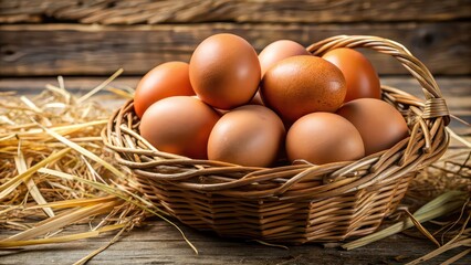Close-up of fresh chicken eggs in a rustic basket surrounded by straw, chicken, eggs, farm, organic, natural, basket