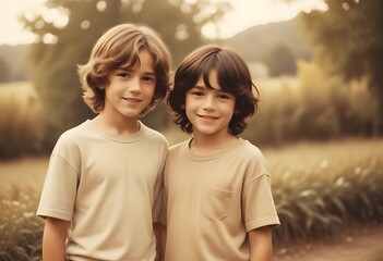 Fototapeta premium portrait of two boys, two friends smiling with together where beautiful sunlight coming from background.