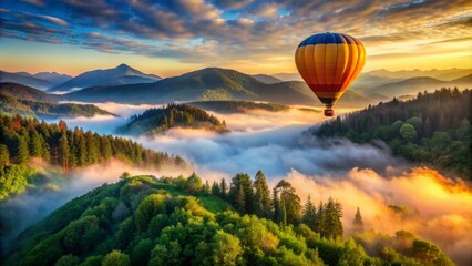 Vibrant orange hot air balloon soars above serene misty mountains, surrounded by lush green forests, under a bright blue morning sky.