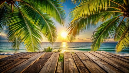 Fototapeta premium Weathered wooden tabletop nestled among swaying coconut leaves, warm sunlight casting a serenity on a tranquil coastal setting.