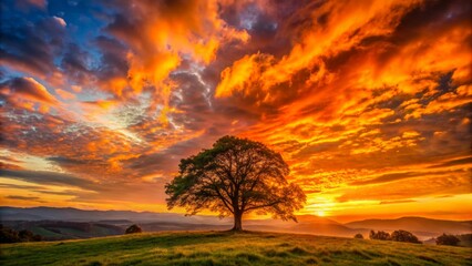 Obraz premium Vibrant orange sunset background with single majestic tree silhouette standing tall amidst serene landscape of rolling hills and clouds.