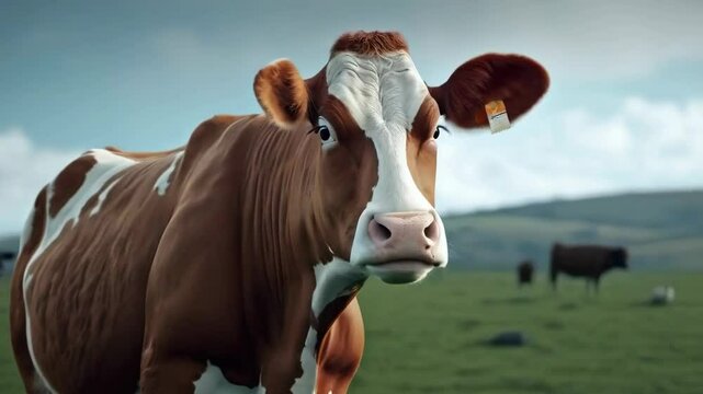 Domestic cow in pasture in green field nature landscape - 4k 9x16 vertical social media new stock video footage animation design AI	