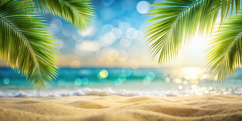 Obraz premium Blurred palm leaves and sandy beach with bokeh against ocean for travel offers , palm leaves, sandy beach, bokeh, ocean