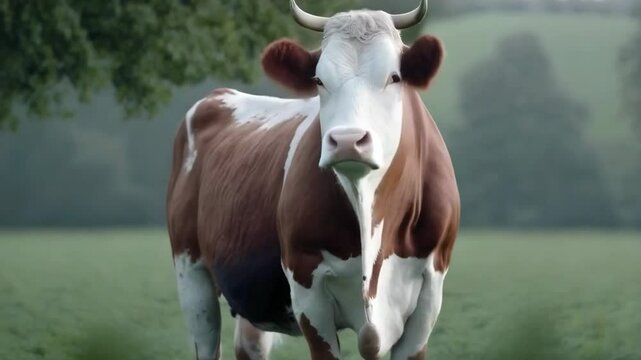 Domestic cow in pasture in green field nature landscape - 4k 9x16 vertical social media new stock video footage animation design AI	