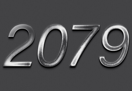 Chrome metal 3D number design of 2079 on grey background.