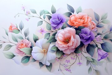 Vibrant pastel bouquet with green leaves on light background, exuding elegance and tranquility