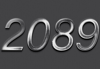 Chrome metal 3D number design of 2089 on grey background.