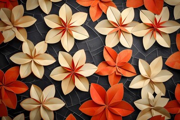 Handmade paper flowers in beige and orange shades displayed on a dark textured background.