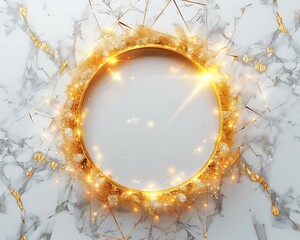 Golden ring amidst geometric patterns, marble white background, shimmering golden edges. High resolution.