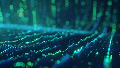 Stock market graph in blue and green colors on a dark background, showcasing financial analysis and planning with charts and graphs, set against an abstract digital backdrop to emphasize its role in b