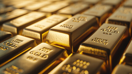 Precious shiny gold bars as a background for finance and banking concepts, emphasizing trade in precious metals.