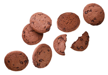 Chocolate chip cookies flying on white background. Isolated