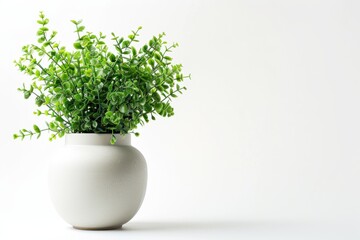 Fototapeta premium white matte vase with green lush plant on white background, isolated white background
