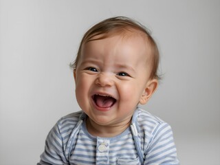 Portrait of a cute baby laughing, white background with copy space