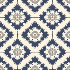 Elegant floral and geometric pattern in navy and cream for home decor and textiles.
