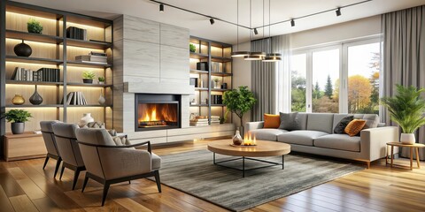 Contemporary living room with cozy fireplace surrounded by modern furniture and decor, modern, interior design, home