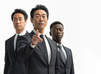 Confident Japanese businessman in his thirties wearing a suit along with two colleagues pointing towards the camera