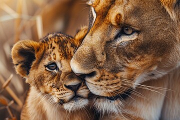 Lioness and her cub cuddling. Predators love. Ai generative image