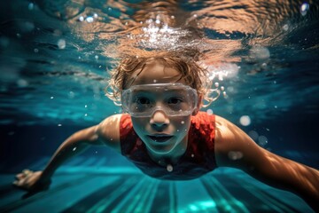 Young swimmer underwater swimming recreation.