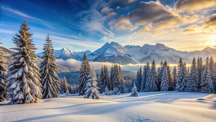 Snow-covered mountains and pine trees in a serene winter landscape, mountain, snow, winter, landscape, pine trees, chilly, serene