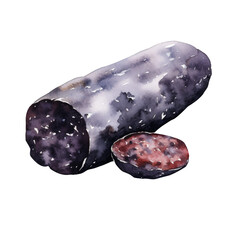 Watercolour illustration of British Food Black Pudding on a White background.