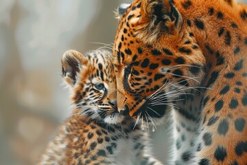 Obraz premium Female Leopard with her cub cuddling. Ai generative