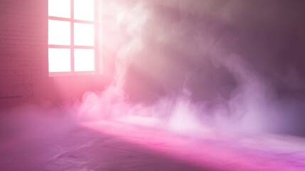 White stage with pink smoke below, like fog on the floor. In a bright room.	