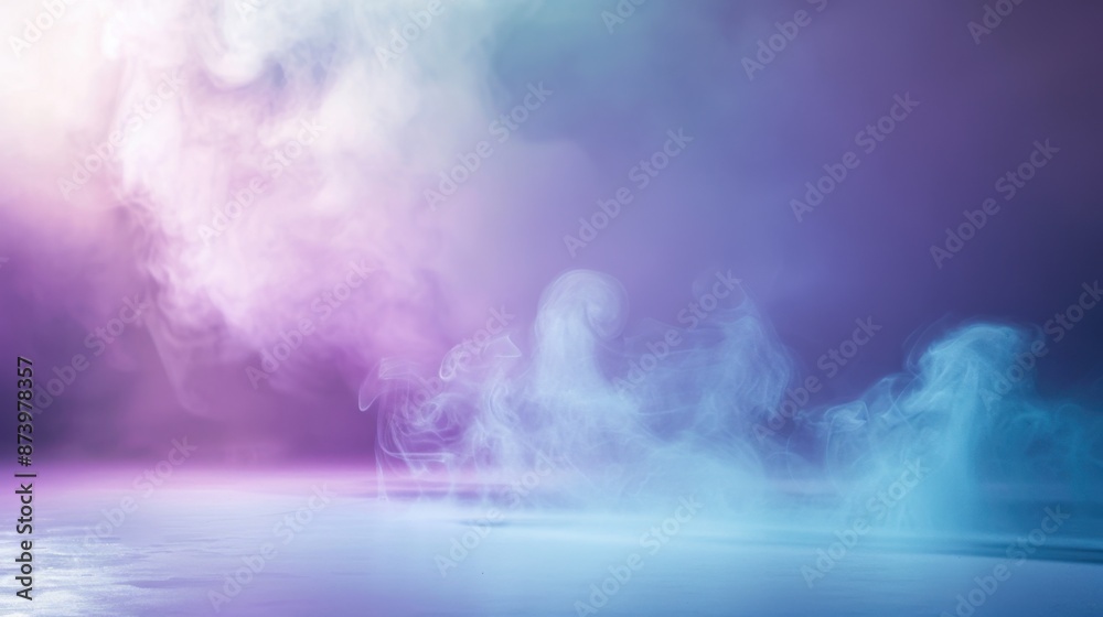 Wall mural stage with podium, blue and pink smoke below, like fog on the floor. in a room.