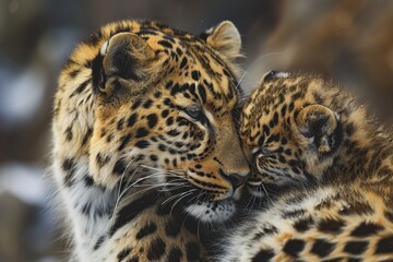Obraz premium Female Leopard with her cub cuddling. Ai generative