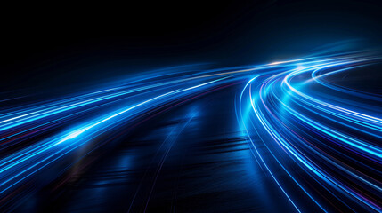 Dynamic blue light trails curving in the dark, representing speed and motion