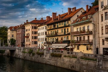 Old houses giving onto the Ljublanica river in Ljubljan's city center