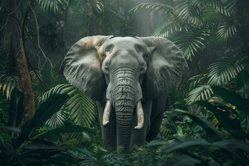 Fototapeta premium Serene elephant stands amidst dense jungle foliage, conveying the beauty of wildlife