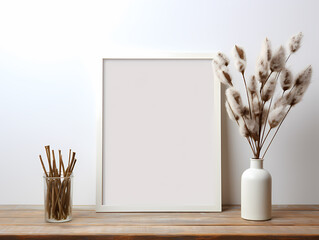 Minimalist empty picture frame on a wooden table accompanied by dried pampas grass in a white vase.