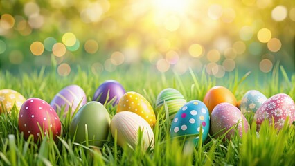 Background with colorful Easter eggs scattered on a grassy field, Easter, eggs, colorful, background, spring, holiday, celebration