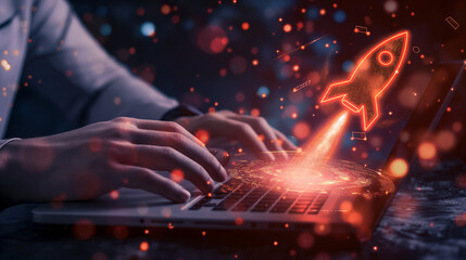 Fototapeta premium Startup business concept, Businessman use laptop with virtual screen of rocket icon and up arrow for fast start up business. Strategic planning and business success
