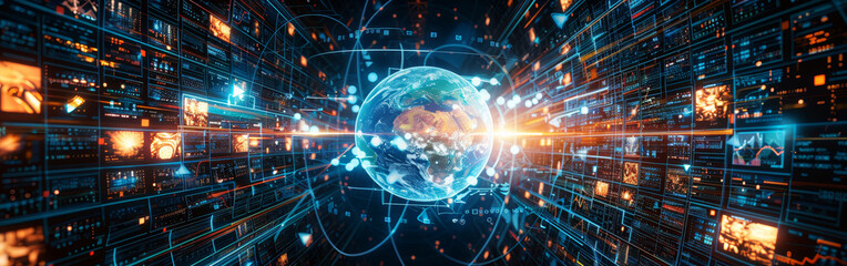 Digital Earth surrounded by futuristic interfaces and data in a digital media style