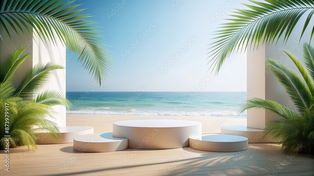 Sticker Abstract minimal display podium with summer beach scene, perfect for showcasing products or cosmetic presentations, render