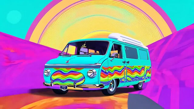 Retro van journey under psychedelic skies