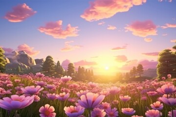 Fototapeta premium Sunset flower field landscape outdoors grassland.