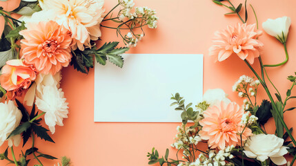 Flat lay of beautiful flowers over orange background and blank card for invitation. Mother's day, Valentine's day or wedding concept. Mock up template with space for text or product.