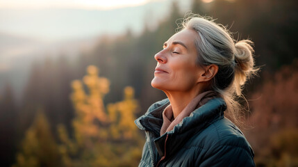 Mature woman breathing fresh air in the mountains.	