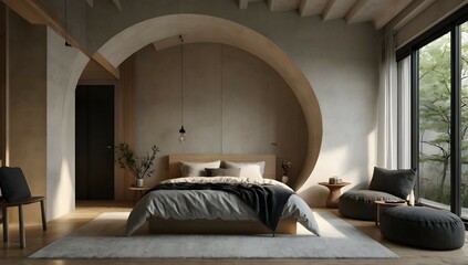 Ultra realistic photo of a modern take on an upscale Japanese minimalist apartment with white cream stone, light wood round arches interior view of a dark bedroom