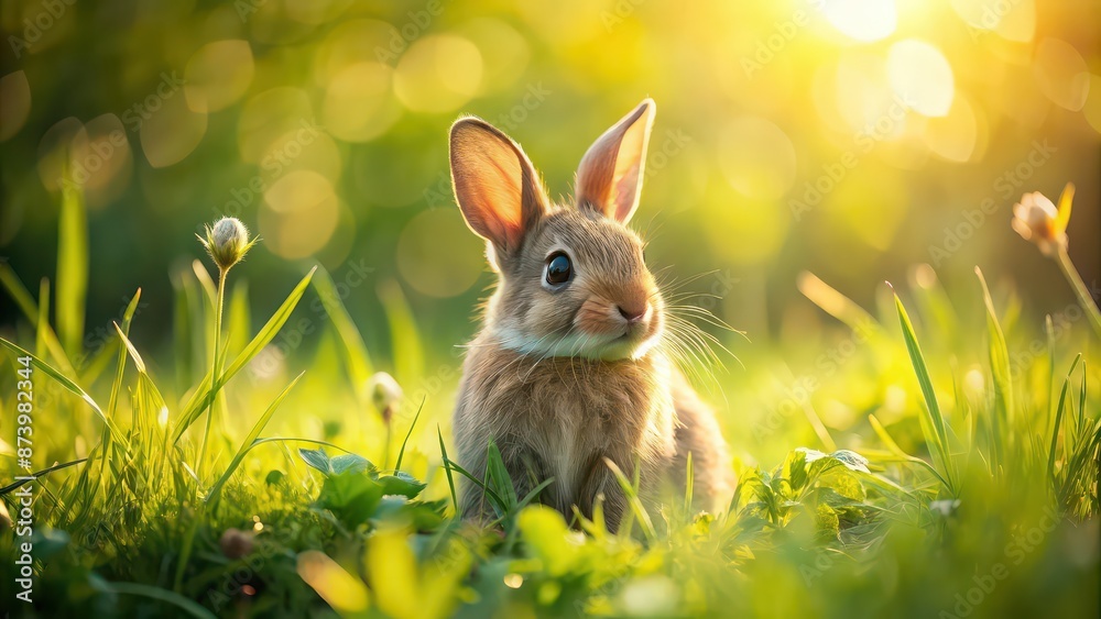 Poster Adorable bunny sitting in grass on a sunny day, rabbit, cute, fluffy, Easter, mammal, pet, adorable, furry, animal, wildlife