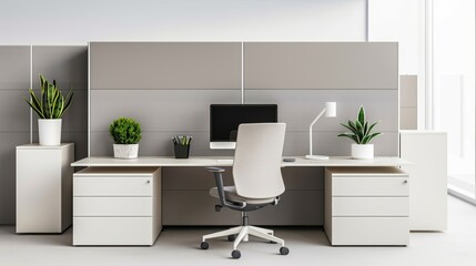 Organized workstation featuring an array of instruments and materials, modern cubicle setup, essential utensils and resources neatly arranged, efficient work environment