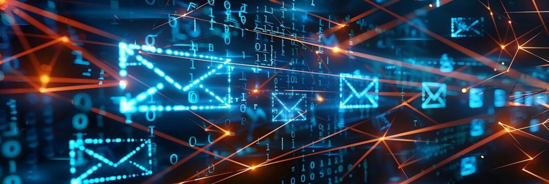 abstract digital communication background with email envelopes and network connections - Powered by Adobe