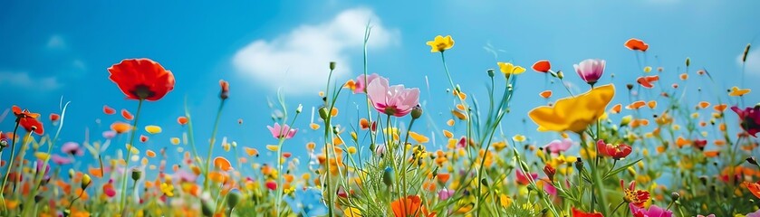 Obraz premium beautiful flower field with colorful blossoms under blue sky and white clouds
