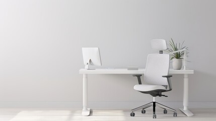 Office setup with a minimalist design, featuring an ergonomic chair, neat desk, essential work supplies, and a focus on organization and efficiency