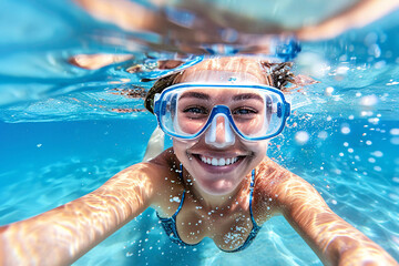 Naklejka premium Happy young woman swimming underwater in the sea at the day time. Healthy lifestyle concept