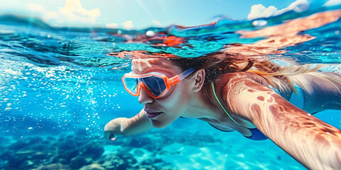 Naklejka premium Young woman swimming underwater in the sea at the day time. Healthy lifestyle concept