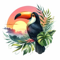 Obraz premium Toucan with tropical leaves at sunset or sunrise. Isolated watercolor illustration on wite background. 